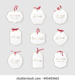Set of paper labels with ribbons for design gift cards, price and sale tags.