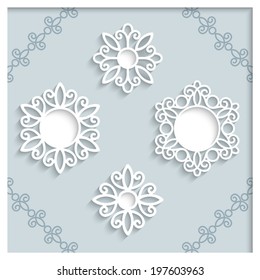 Set of paper lace frames, lacy labels, round ornamental vignettes, snowflakes, vector eps10