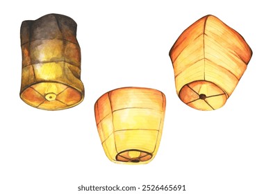 Set of Paper lantern, Floating lanterns in the sky. Making a Wish. Watercolor illustration.