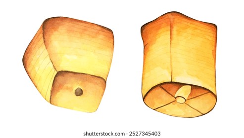 Conjunto de lanterna de papel, lanternas flutuantes no céu. Fazendo um desejo. Ilustração em aquarela.