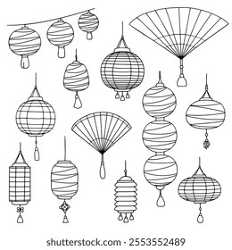 A set of paper lanterns and hand fans. Simple line art contour icons. Black shapes isolated on a white background. Web and digital design, print, papers, coloring pages, invitations, cards, calendars,