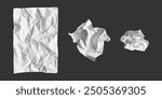 Set of paper lumps of varying degrees of crumpling. Gritty dusty dotted effect, vector elements with jagged edges, empty old notebook sheet.