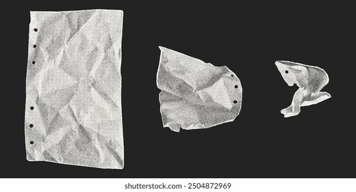 Set of paper lumps of varying degrees of crumpling. Gritty dusty dotted effect, vector elements with jagged edges, empty notebook sheet in dot.