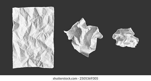 Set of paper lumps of varying degrees of crumpling. Gritty dusty dotted effect, vector elements with jagged edges, empty old notebook sheet.