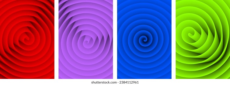 Set of paper mockup cards with colorful spiral 3d shapes. Made for invitation, web pages, apps, party flyer, simple web design. Vector illustration.