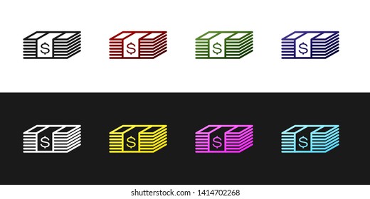 Set Paper money american dollars cash icon isolated on black and white background. Money banknotes stack with dollar icon. Bill currency. Vector Illustration