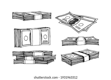 a set of paper money, a stack of banknotes, a symbol of wealth, bucks, vector illustration with black ink contour lines isolated on a white background in doodle and hand drawn style