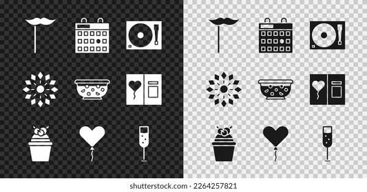 Set Paper mustache on stick, Birthday calendar, Vinyl player with vinyl disk, Cake, Balloon form of heart, Glass champagne, Firework and Mixed punch bowl icon. Vector