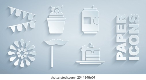 Set Bigote de papel en palo, lata de cerveza, fuegos artificiales, pastel y guirnalda de carnaval con icono de banderas. Vector