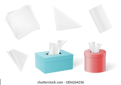 Set of paper napkins and tissues folded in different forms and inside of boxes. Realistic mock up templates isolated on white background with shadows. 3d vector illustration
