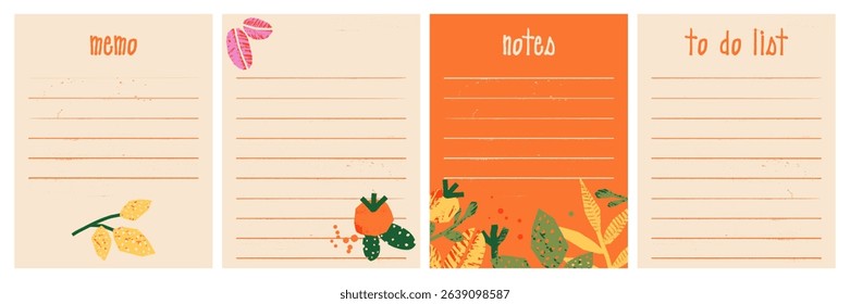 Set of paper note card with cutout collage elements. Grange texture sticker with sticky notes for reminders, to do list, planner, schedule. Hand drawn vector illustration.