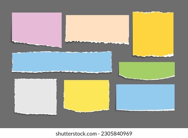 Set of paper note ripped strips isolated background. Paper page scraps with torn edges.