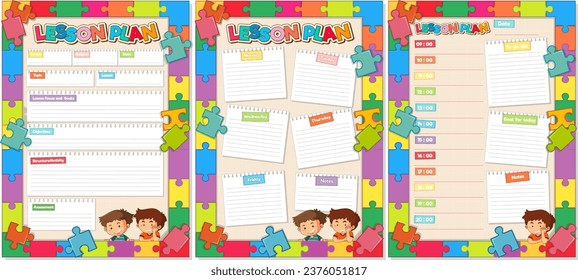Eine Reihe von Papier-Notebooks mit einem lebendigen Puzzle-Thema für die Lektionsplanung