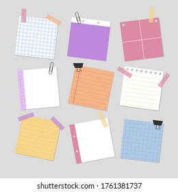 set of paper notes, blank papers for planning with sticky tapes and clips, vector, illustration design.