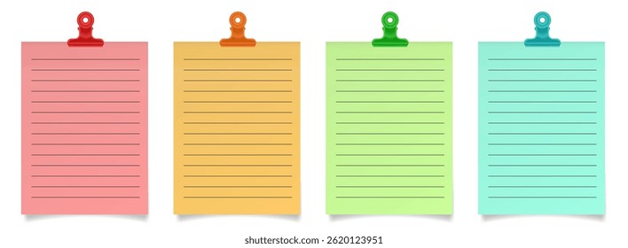 Conjunto de notas de papel com clipes de papel bulldog. Folhas de papel vermelho, laranja, verde e azul. Suportes de metal. Papel de caderno forrado	