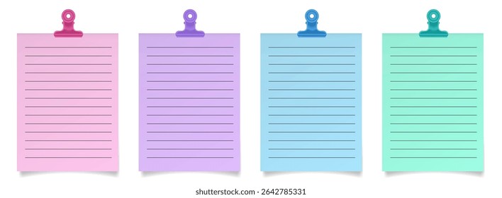 Set of paper notes with bulldog paper clips. Pink, purple, blue and teal sheets of paper. Metal holders. Lined notebook paper