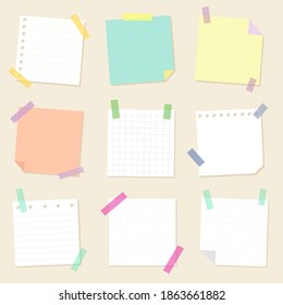 A set of paper for notes. Collection of square sheets of reminder paper. Vector isolates.	