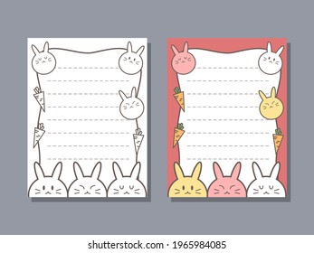 set of paper notes decorated by cute rabbits, monochrome and color design.