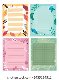Conjunto de notas de papel decoradas con hojas y flores. Plantillas para el memorando, recordatorio o lista de tareas pendientes. Ilustración de vector