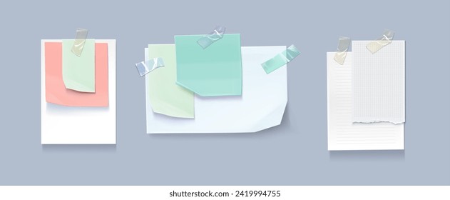 Set of paper notes isolated on background. Vector realistic illustration of blank notepad page pieces attached to board or wall with color sticky tape, reminder message, to-do list, schedule sheet