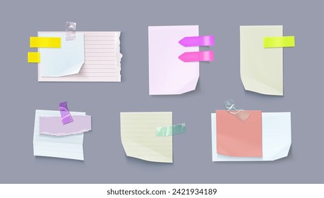 Set of paper notes isolated on background. Vector realistic illustration of blank notepad page pieces attached to board or wall with color sticky tape, reminder message, to-do list, schedule sheet