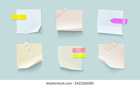 Set of paper notes isolated on background. Vector realistic illustration of blank notepad page pieces attached to board or wall with color sticky tape, reminder message, to-do list, schedule sheet