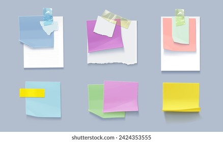 Set of paper notes isolated on background. Vector realistic illustration of blank notepad page pieces attached to board or wall with color sticky tape, reminder message, to-do list, schedule sheet