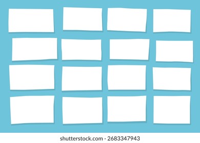 Set of paper for notes isolated on a blue background. Simple blank notes in a flat style. Vector illustration for reminder, message, memos. Blank template collection. 