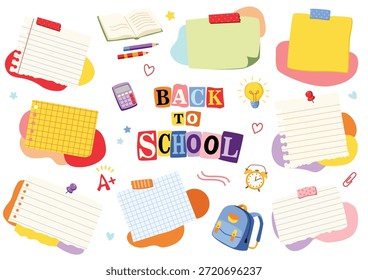Conjunto de notas de papel, cuadernos, calculadora, Clip, Botones, bombilla, grados, despertador, lápices, mochila dispuesta como un tablero visual. Ilustración vectorial para planificadores, diseños. Regreso a la escuela