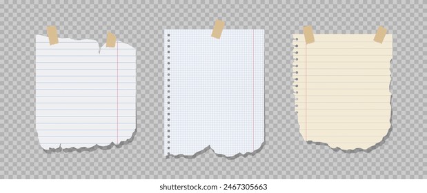 Set of paper notes on stickers. Torn sheets of notebook, multi colored sheets and pieces of torn paper.