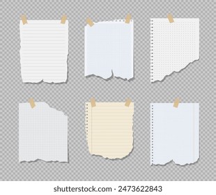 Set of Paper notes on stickers. Torn ripped paper sheets with sticker. Torn sheets of notebook, texture page, textured memo sheet.