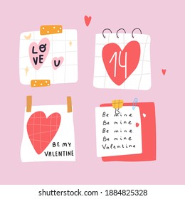 Set of paper notes with phrases for Valentine's day. Hand drawn vector illustration on pink background. 