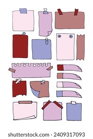 set of paper notes, stickers, sticky sheets, torn leaves. Notepads and torn paper sheets. Reminder, office notice, information notebook. Vector illustration
