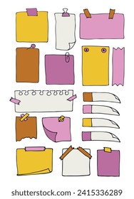 Satz von Papiertüchern, Aufklebern, klebrigen Blättern, zerrissenen Blättern. Papier- und Papierfolien. Erinnerung, Büroanschrift, Informationsheft. Vektorgrafik