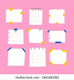 Set of paper notes templates for checklists, to do lists. Hand drawn illustrations on pink background.