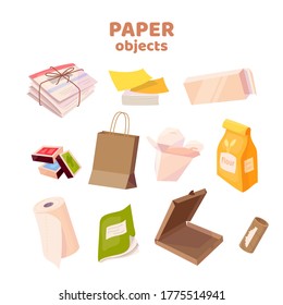 Se establece con objetos de papel. Periódico, servilletas, caja de papel, ropa, caja WOK, cuaderno, caja de pizza, empaque de papel. Dibujo plano de dibujos animados aislado sobre fondo blanco.