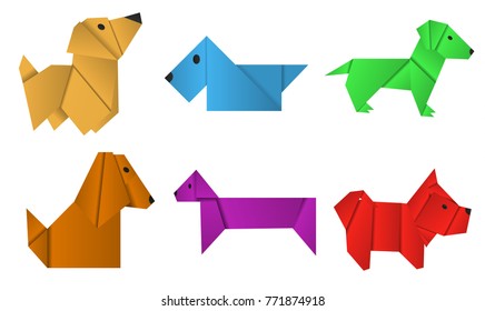 Set of paper origami dogs. Symbol of the year 2018.