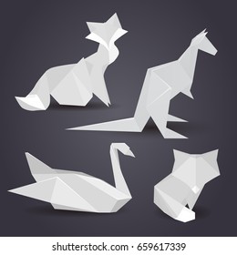 Set of paper origami figures of animals. Vector element for your creativity