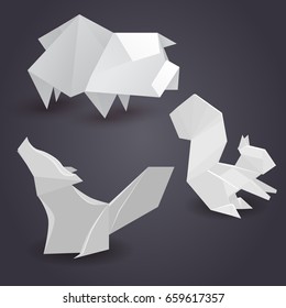 Set of paper origami figures of animals. Vector element for your creativity