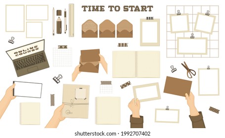 Set of paper and other mockups. Vector isolated illustrations of postcards, hands, envelopes, laptop, notebook, mobile phone, mood board, frames on the wall, pen, pencil, scissors. Top view