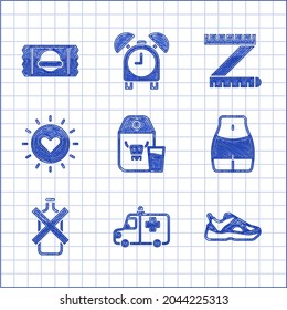 Set Paper package for milk, Ambulance and emergency car, Sport sneakers, Women waist, No alcohol, Sun, Tape measure and Sports nutrition icon. Vector