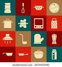 Set Paquete de papel para leche, licuadora, rallador, colador de cocina, rodillo en masa, olla de cocina, turk de café e icono de escalas Electrónicas. Vector