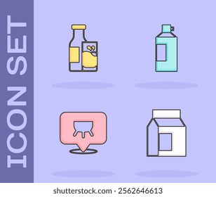 Set Paper package for milk, Bottle and glass, Udder and Whipped cream in bottle icon. Vector