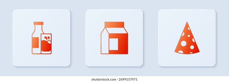Set Paquete de papel para leche, botella y vidrio y queso. Botón cuadrado blanco. Vector