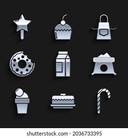 Set Paper package for milk, Cake, Christmas candy cane, Bag of flour, Ice cream, Donut, Kitchen apron and Lollipop icon. Vector