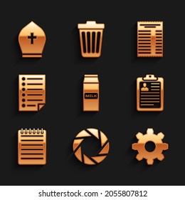 Set Paper package for milk, Camera shutter, Cogwheel gear settings, Clipboard with resume, Notebook and Document icon. Vector