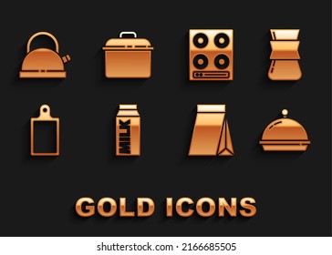 Set Paper package for milk, Coffee turk, Covered with tray food, Bag coffee beans, Cutting board, Gas stove, Kettle handle and Cooking pot icon. Vector