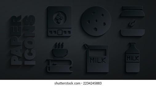 Set Paper package for milk, Coffee jar bottle, cup and book, Bottle with, Cookie biscuit and Electronic coffee scales icon. Vector