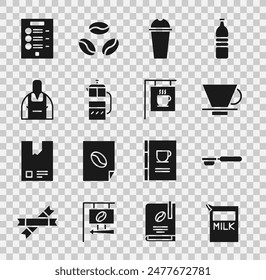 Set Paper package for milk, Coffee filter holder, V60 coffee maker, Milkshake, French press, Barista, menu and Street signboard icon. Vector