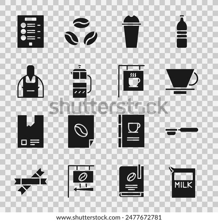 Set Paper package for milk, Coffee filter holder, V60 coffee maker, Milkshake, French press, Barista, menu and Street signboard icon. Vector
